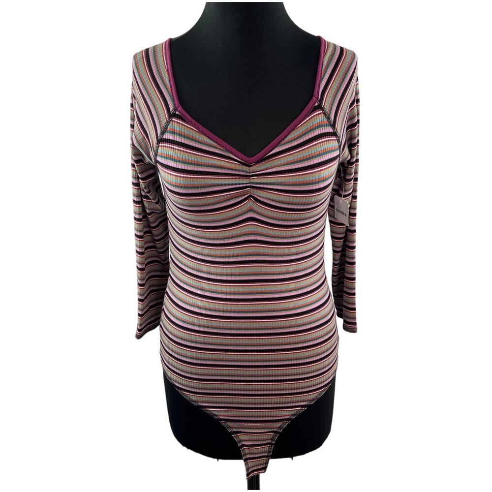 NEW Free People Intimately Put A Stripe On It Bodysuit Long Sleeve Size L Large